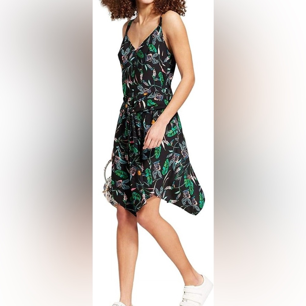 A New Day Women's Floral Print Sleeveless Tie Waist Dress -Black size Large
